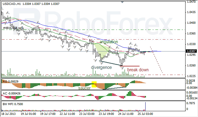 Анализ индикаторов Б. Вильямса для USD/CAD на 25.07.2013