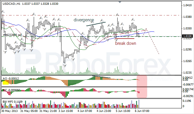 Анализ индикаторов Б. Вильямса для USD/CAD на 06.06.2013