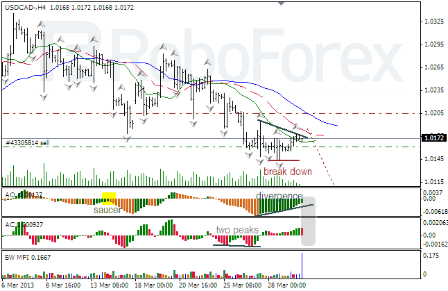 Анализ индикаторов Б. Вильямса для USD/CAD на 01.04.2013