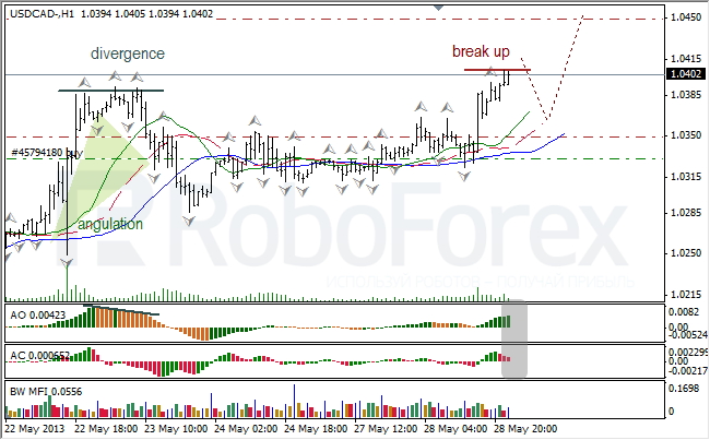 Анализ индикаторов Б. Вильямса для USD/CAD на 29.05.2013