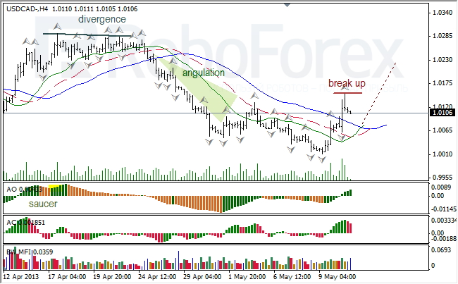 Анализ индикаторов Б. Вильямса для USD/CAD на 13.05.2013