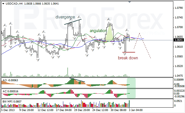 Анализ индикаторов Б. Вильямса для USD/CAD на 03.01.2014