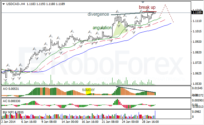 Анализ индикаторов Б. Вильямса для USD/CAD на 30.01.2014