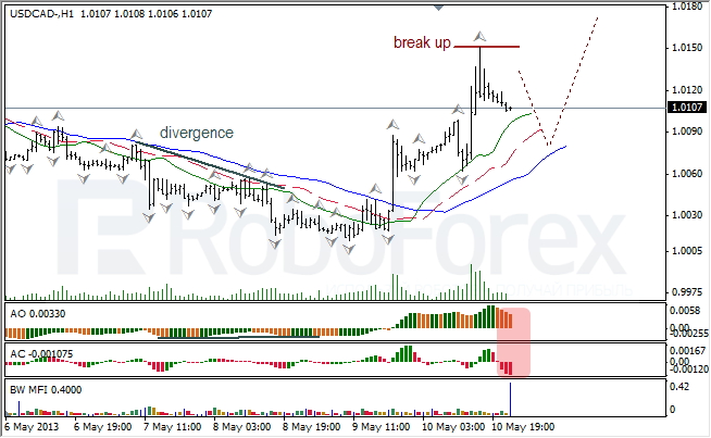 Анализ индикаторов Б. Вильямса для USD/CAD на 13.05.2013